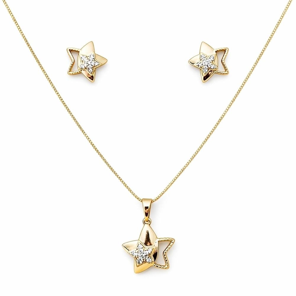 Gold Plated Star Jewelry Set 16” Necklace & Earrings Dainty Crystal Pendant Set